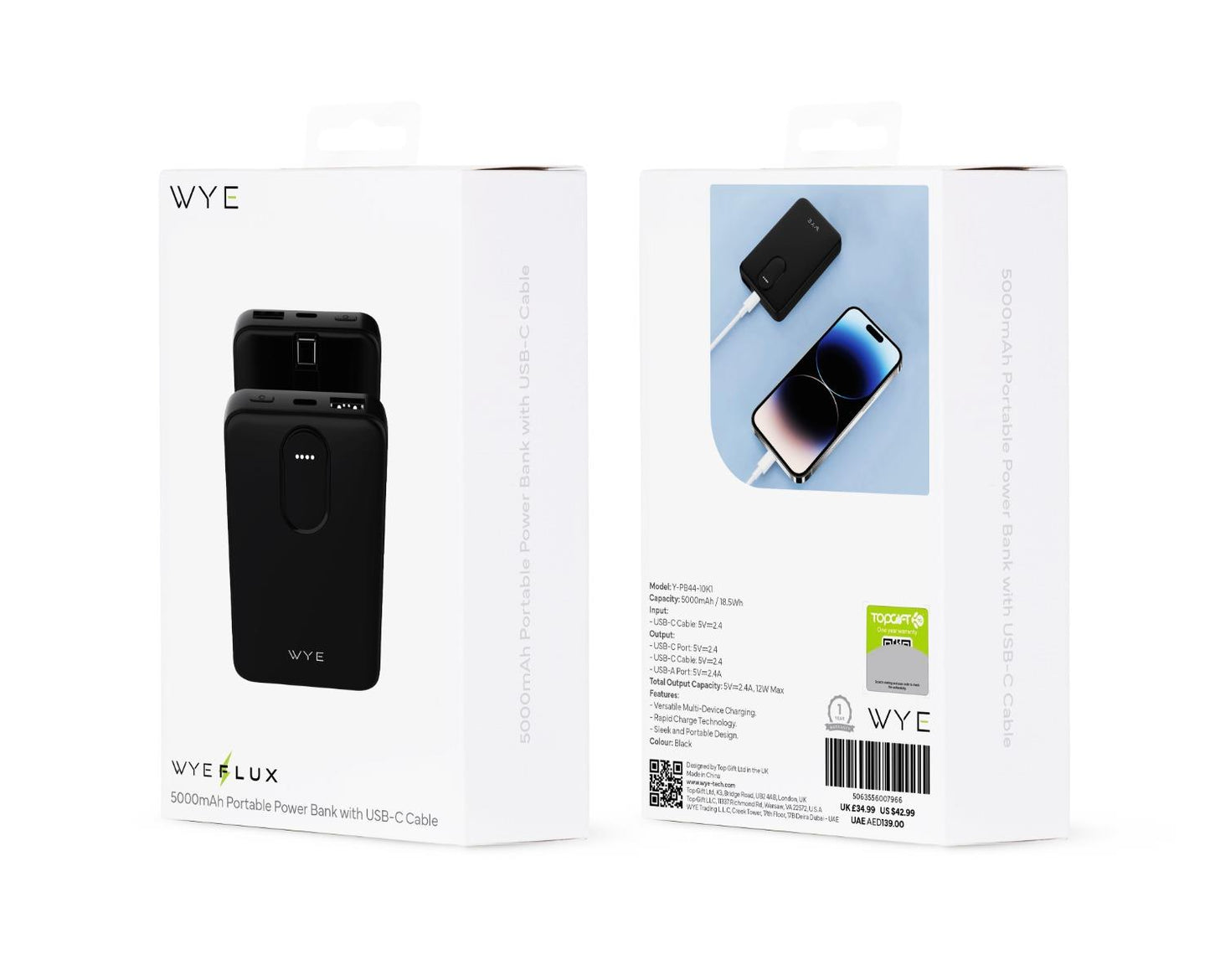 Wyeflux 5000mAh Portable Power Bank with USB-C Cable - Black