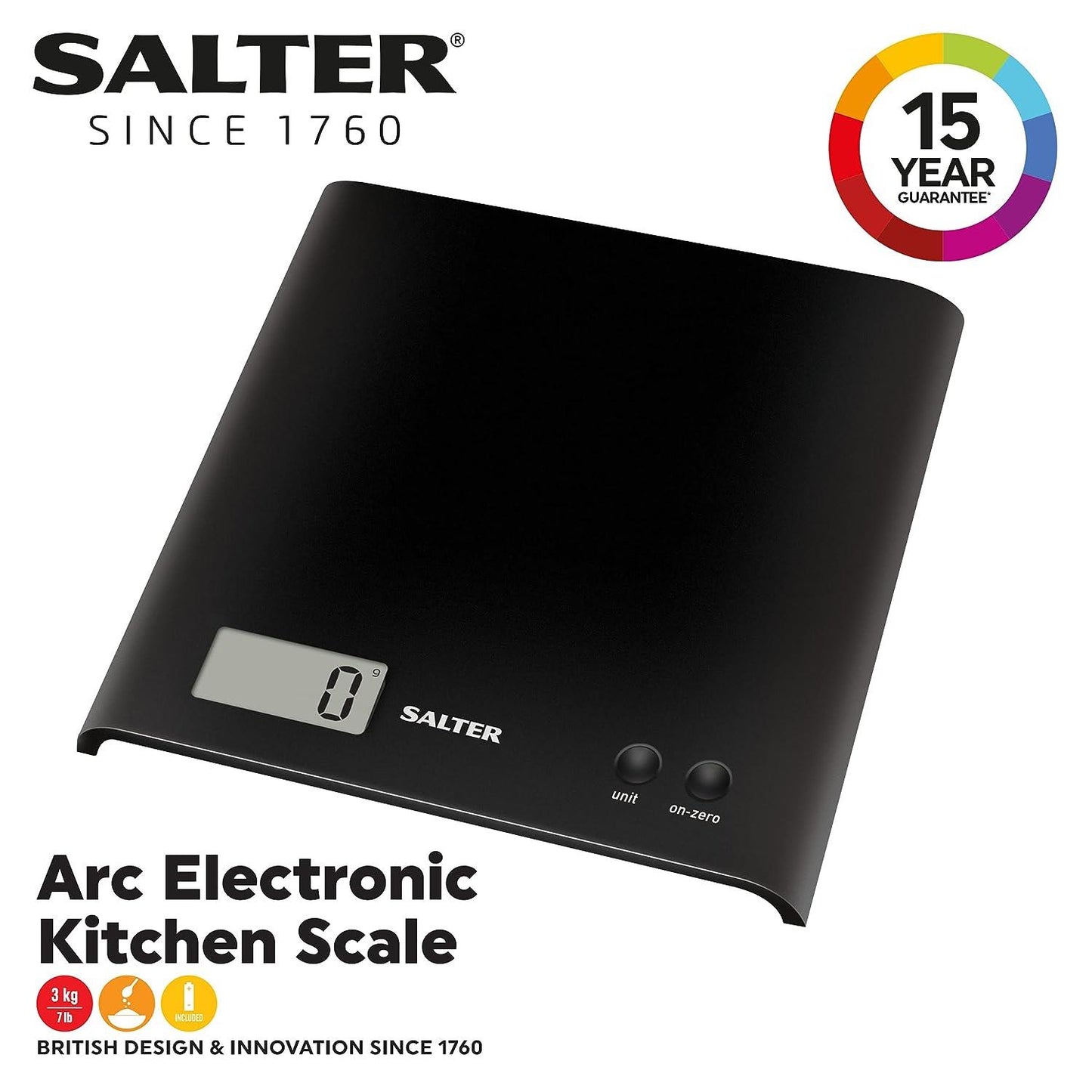 Salter ARC Digital Kitchen Scales 3kg Capacity Black