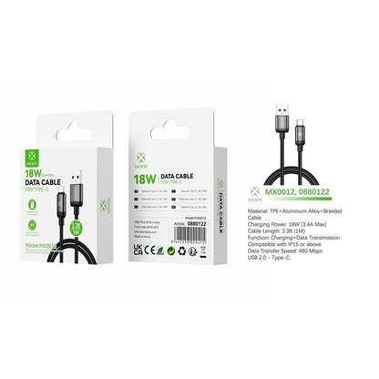 USB to Type C Braided Data Cable, 18W 3.4A Max, 1m/2m/3m, Black/White