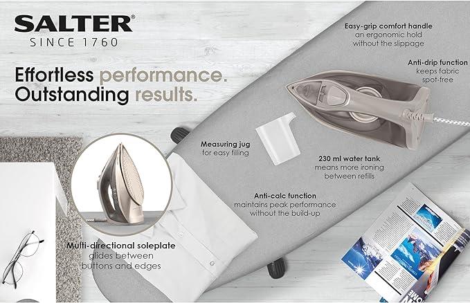 Salter Steam Iron – Precision Tip Ceramic Soleplate, Fast Heat Up, Easy Grip Comfort Ironing, Anti Drip/Calc, Self-Clean Function, Variable Temperature, Vertical Steaming Shot, 230ml, 2200W