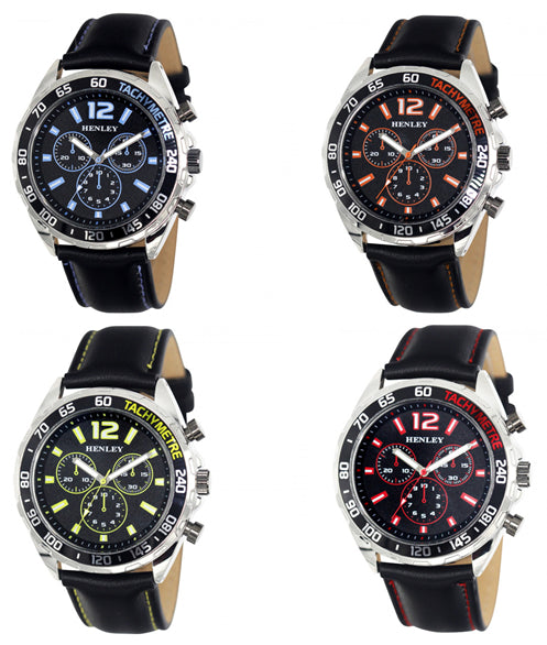 Henley Mens Multi Eye Dial With Black Sports Large Leather Strap Watch H02221 Available Multiple Colour