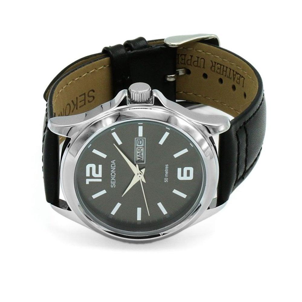 Sekonda Mens Basic Day date Grey Dial Black Leather Strap Watch 1655