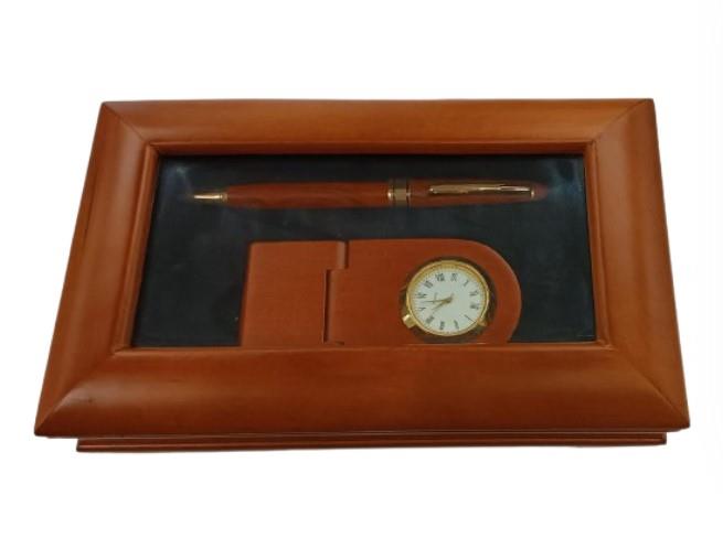 Imperial Desk Clock with Wood Matt Brown Gold Trim Ball Pen IMP69 Clock Gift Set - CLEARANCE NEEDS RE-BATTERY & Refill