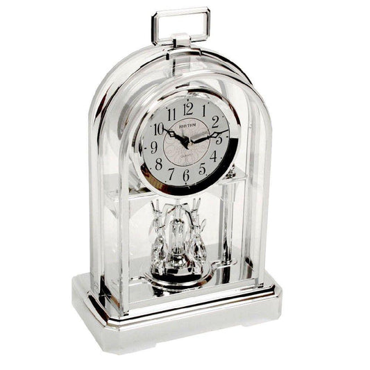 Rhythm Chrome Arched with Rotating Pendulum Arch Anniversary Style Oblong Handle Mantel Clock