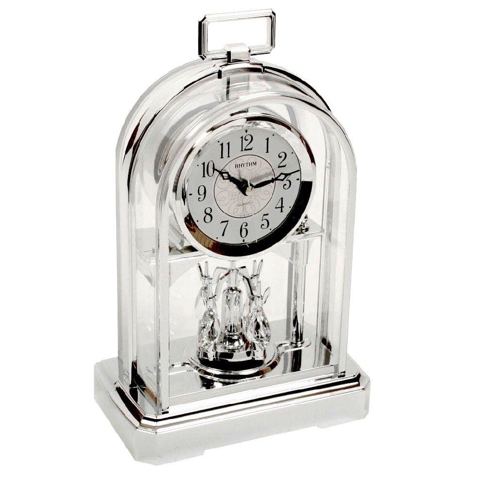 Rhythm Chrome Arched with Rotating Pendulum Arch Anniversary Style Oblong Handle Mantel Clock