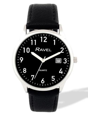 Ravel Mens Basic Silver case Dated Dial With Black Faux Leather Strap Watch Available Multiple Colour