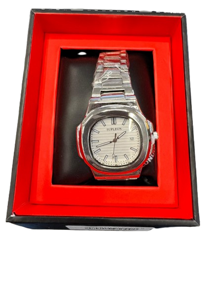 A silver-tone stainless steel wrist watch with a white dial and silver link bracelet, presented inside an open black gift box with a bright red interior.