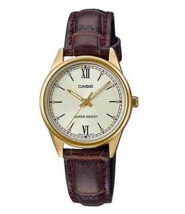 Casio Ladies Basic Water resistant Golden Analogue Dial Brown Leather Strap Dress Watch