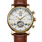 Longbo Mens Automatic Hollow mechanical Dial Analogue Gold/Brown Leather Strap Watch