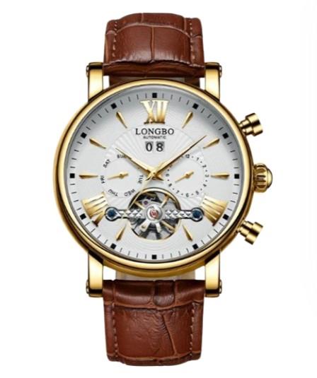 Longbo Mens Automatic Hollow mechanical Dial Analogue Gold/Brown Leather Strap Watch