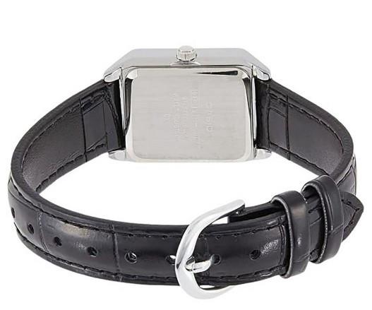 Casio Ladies Basic Water resistant Stainless Steel Rectangle Case Black Dial Black Leather Strap Watch