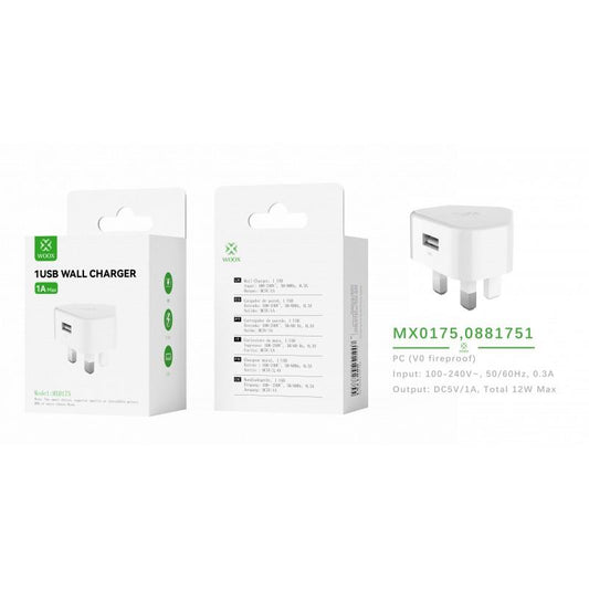 Woox MX0175 UK Single USB 1A Wall Charger, White
