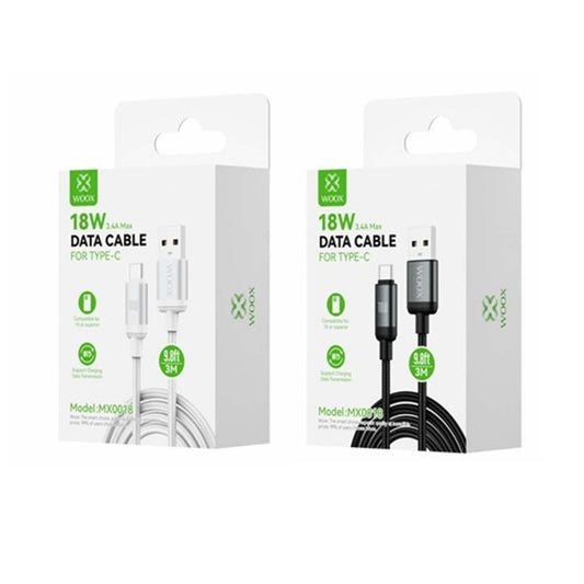 Woox USB to Type C Braided Data Cable, 18W 3.4A Max, 9.8ft 3m, White/Black