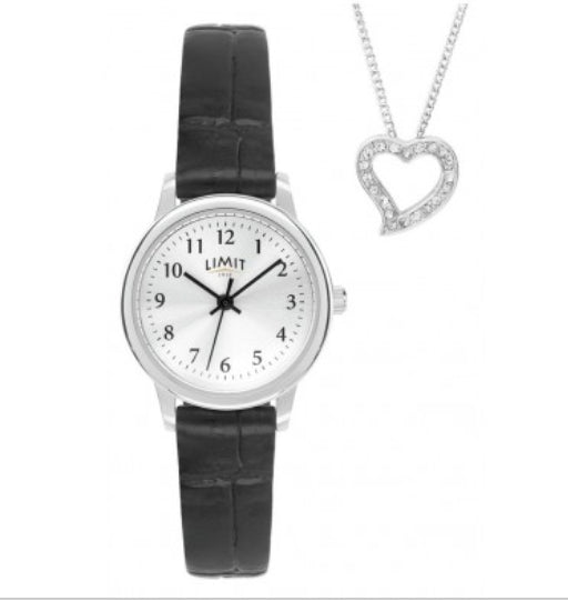Limit Ladies Fashion Black Faux Leather Strap Watch and Silver Pendant Gigt Set
