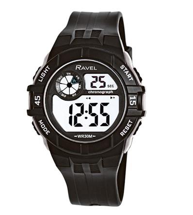 Ravel Mens 3ATM Digital Sports Black PU Rubber Strap Watch RDG.14 Available Multiple Colour