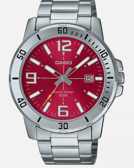 Casio Men's Silver Stainless Steel Red Dial Analogue Watch MTP-VD01D-4BVUDF