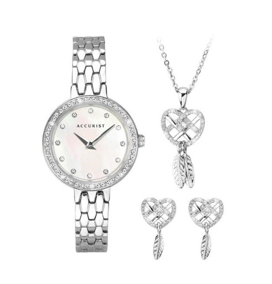 Accurist Ladies Bling Fashion Earrings, Necklace And silver tone bracelet Watch Gift Set 8323G