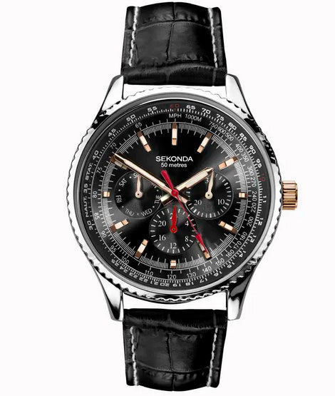 Sekonda Mens Maverick Silver Case & Black Leather Strap with Black Dial 30036