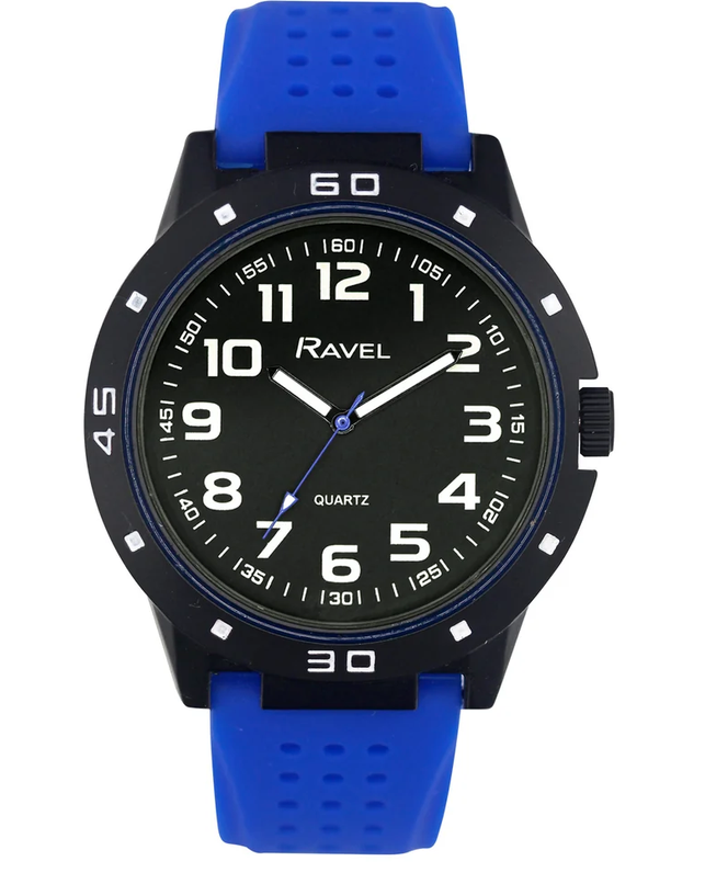 Ravel Men's Black Cased with Colour Co-ordinated Bezel on Silicone Sports Blue Strap Watch