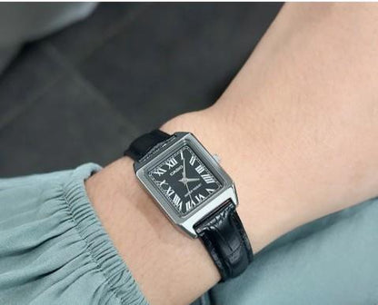 Casio Ladies Basic Water resistant Stainless Steel Rectangle Case Black Dial Black Leather Strap Watch