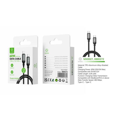 Woox Type C to Type C Braided Data Cable, 60W 20V/3A Max, 1m/2m, White/Black