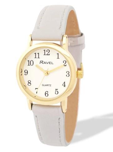 Ravel Ladies Basic Small Gilt Case White Dial Leather Strap Watch Available Multiple Colour