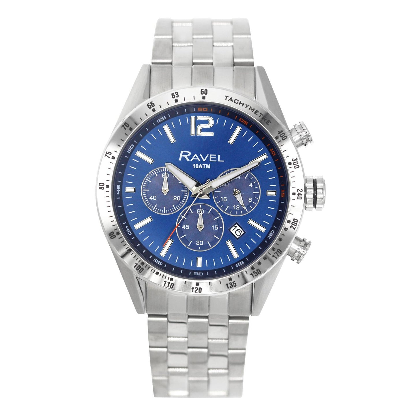 Ravel Mens Fashion 100m Water Resistant Chronograph Dated Dial Silver Plated Bracelet Watch RPR-MB Available Multi Colors