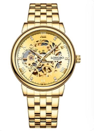 Longbo Mens Automatic Hollow mechanical Dial Analogue Gold Metal Bracelet Strap Watch