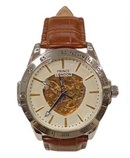 NY London Mens Automatic Dial Analogue Silver/Brown Leather Strap Watch