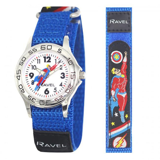 Ravel Childrens White Superhero Dial Blue Velcro Strap Watch R1507.85
