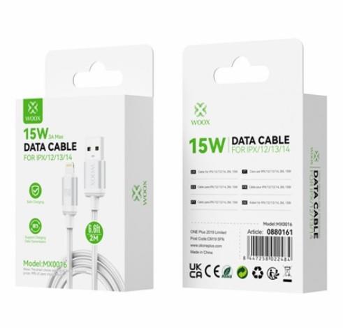 Woox MX0016 USB to Lightning Braided Data Cable, 15W 3A Max, 6.6ft 2m, White
