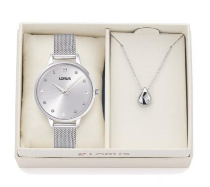 Lorus Ladies Teardrop necklace Bling Silvertone Sunray dial Silvertone Twin Stainless Steel Bracelet Watch Gift Set