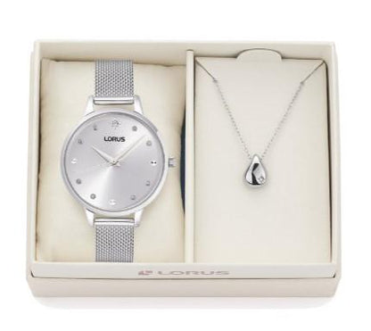 Lorus Ladies Teardrop necklace Bling Silvertone Sunray dial Silvertone Twin Stainless Steel Bracelet Watch Gift Set
