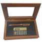 Imperial Mini Calculator with Wood Matt Brown Gold Trim Ball Pen IMP368 Clock Gift Set - CLEARANCE NEEDS RE-BATTERY & Refill