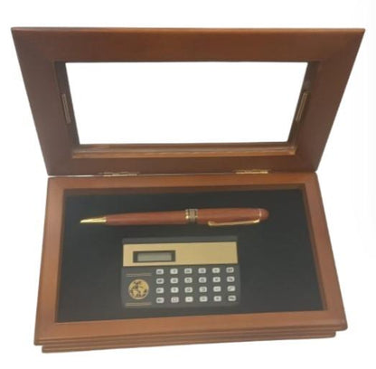 Imperial Mini Calculator with Wood Matt Brown Gold Trim Ball Pen IMP368 Clock Gift Set - CLEARANCE NEEDS RE-BATTERY & Refill