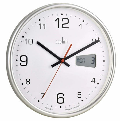 Acctim Kalendar Silver Frame with Digital Date 270mm Diameter Wall Clock 22367