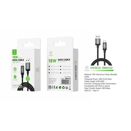 Woox MX0015 USB to Type C Braided Data Cable, 18W 3.4A Max, 6.6ft 2m, Black