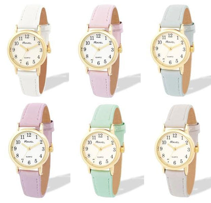 Ravel Ladies Basic Small Gilt Case White Dial Leather Strap Watch Available Multiple Colour