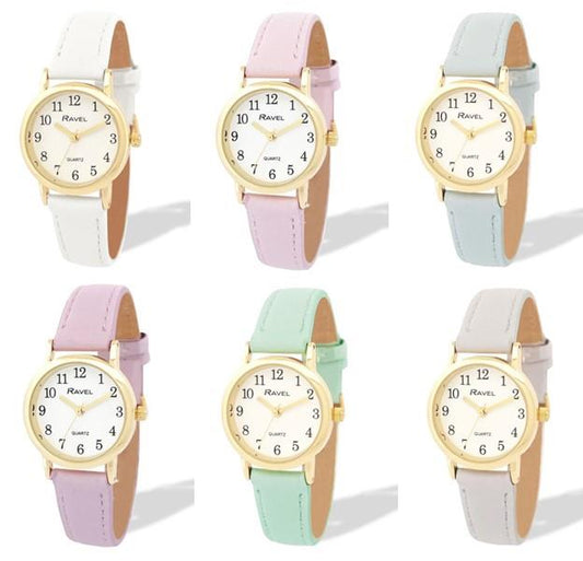 Ravel Ladies Basic Small Gilt Case White Dial Leather Strap Watch Available Multiple Colour
