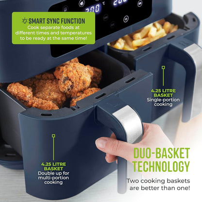Tower Vortx 8.5L Dual Basket Air Fryer with Dual Cook Function, 2400W, Grey & Chrome