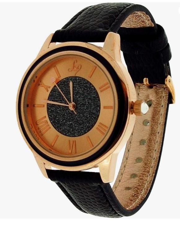 Lipsy London Ladies Glittery and Rose gold tone dial Black Leather Strap Watch LP270 - CLEARANCE NEEDS RE-BATTERY