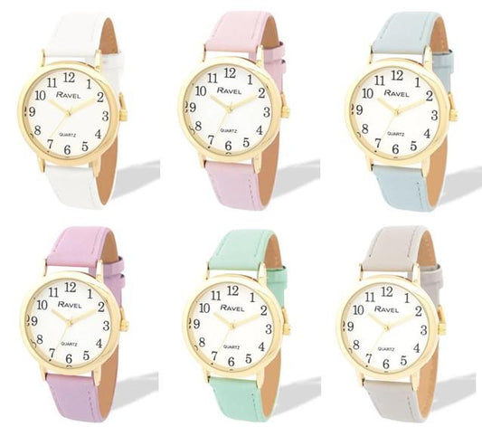 Ravel Ladies Basic Medium Gilt Case White Dial Leather Strap Watch Available Multiple Colour