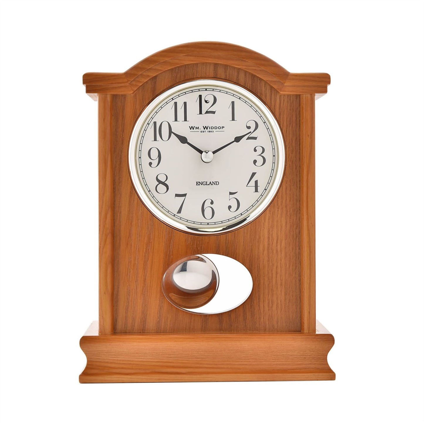 Oak Finish Wooden Mantel Clock Broken Arch Top Silver Bezel