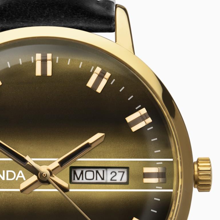 Sekonda Mens Gold Case & Black Leather Strap with Day Date Gold Dial Watch 1950