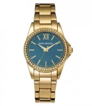 Mark Maddox Ladies Fashion Bling Quartz Blue Dial Analogue Display and Gold stainless steel Bracelet Watch - CLEARANCE NEEDS RE-BATTERY