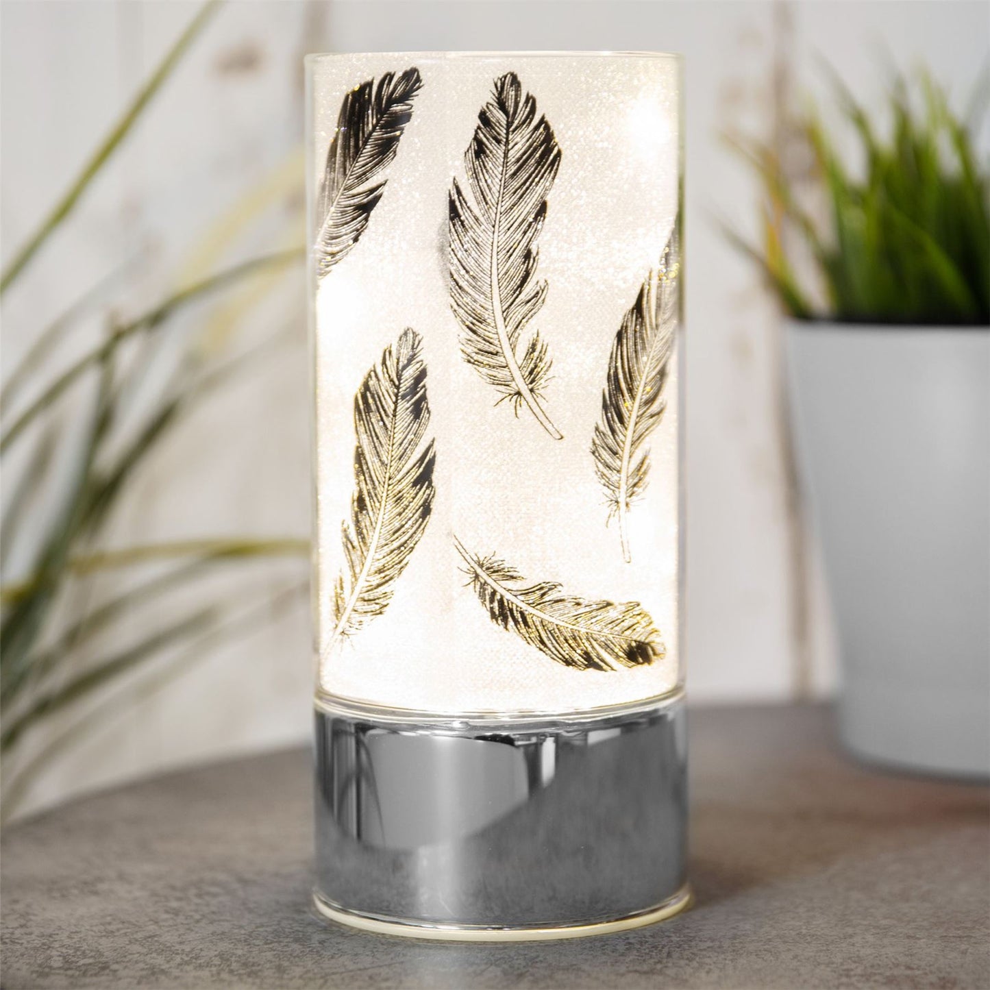 Glass Black Feather Design Tube with LED Lights 9 x 20cm