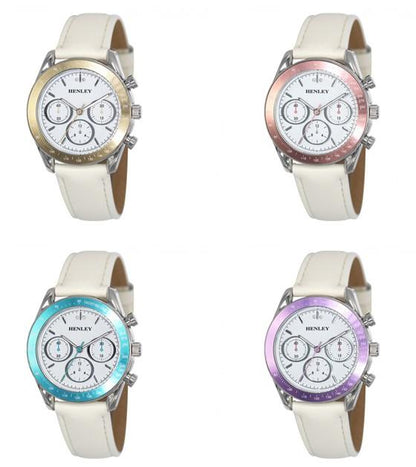 Henley Ladies Fashion Round sporty white dial Leather Strap Watch H06183 Available Multiple Colour