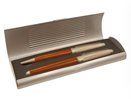 Imperial Wooden Brown Gold Trim Ball Pen & Fountain Pen With Grey Metal Box Gift Set IMP337R - CLEARANCE MIGHT NEEDS RE-REFILL