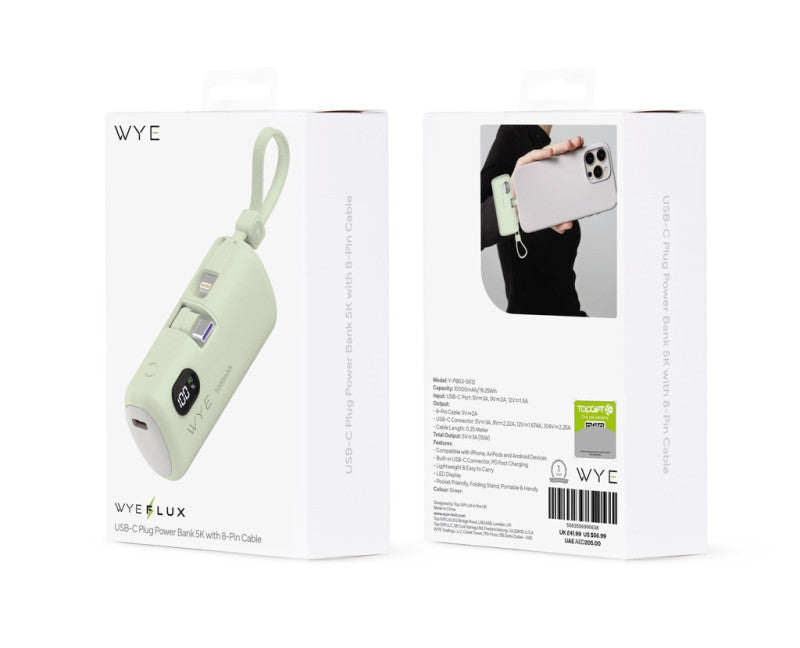 WYE USB-C Plug Power Bank 5K with 8-Pin Cable
