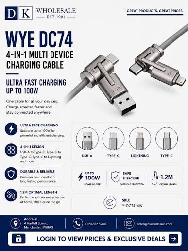 WYE DC74 Multi Device Charging Ultra Fast Charging 4-in-1 Cable 1.2M ( Up to 100W)